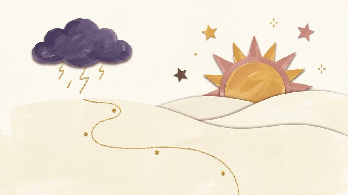 Papercut illustration of a plum storm cloud and a rising sun over gentle hills - a child's temper tantrum passing