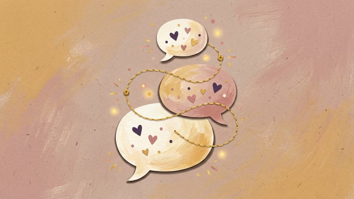 Papercut illustration of three speech bubbles filled with hearts, linked by a golden thread - encouraging speech development in toddlers and children