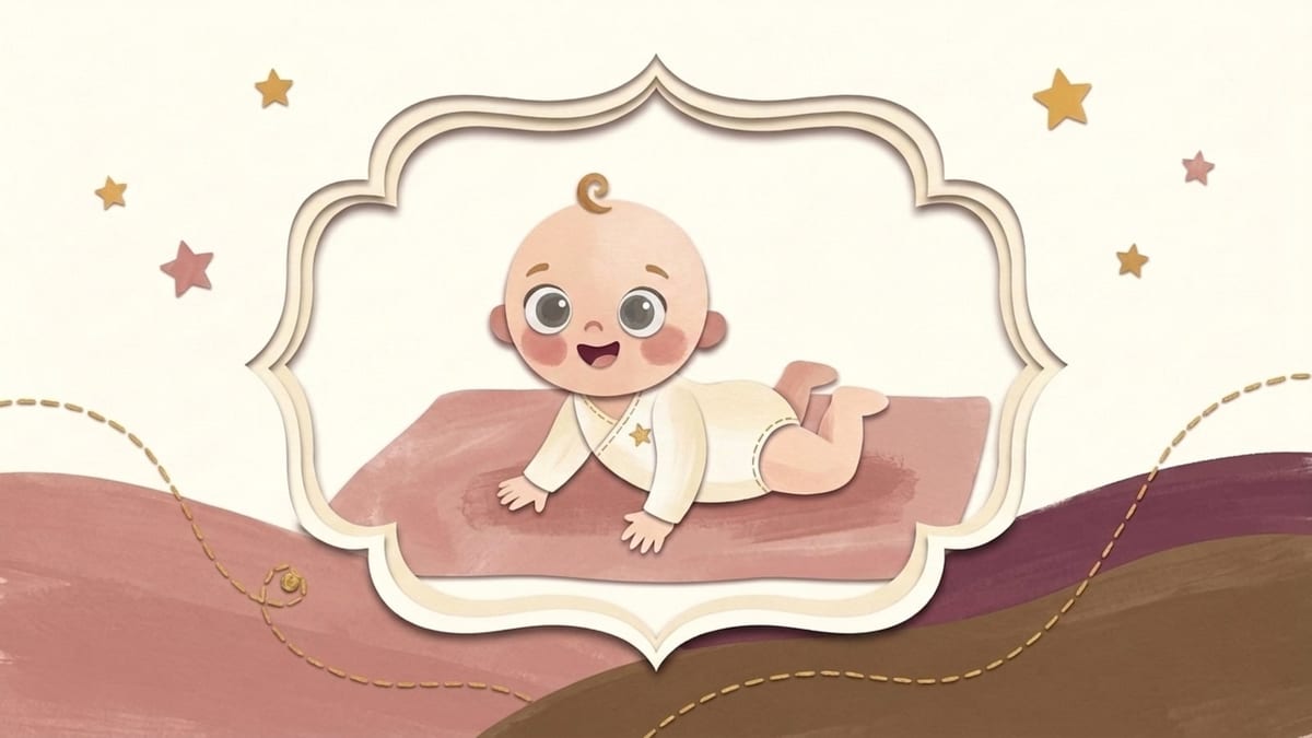 Papercut illustration of a smiling three-month-old baby doing tummy time in an ornate frame - what to expect from a newborn in the third month