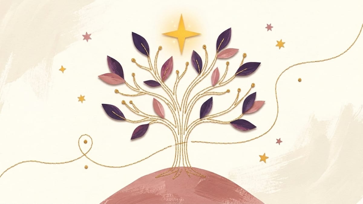 Papercut illustration of a young tree with golden stitched branches growing under a bright star - a child's cognitive development