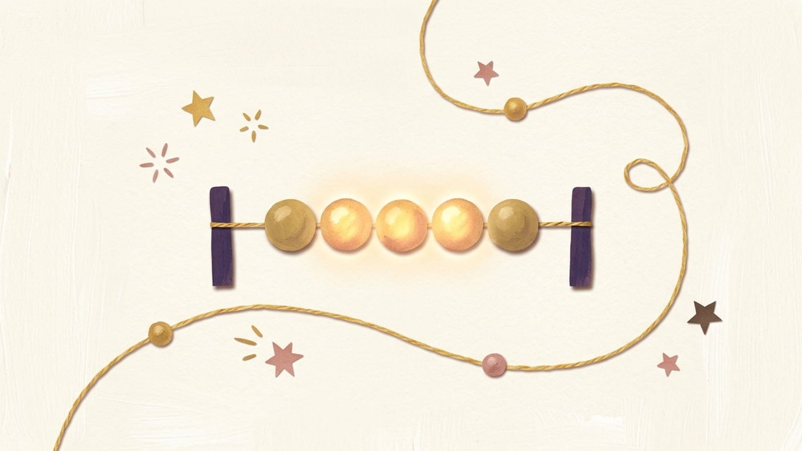 Papercut illustration of a golden bead abacus with a few beads glowing - improving a child's working memory