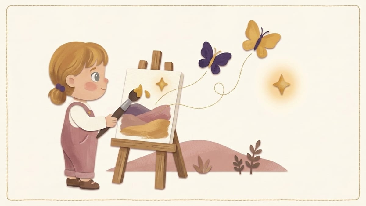 Papirnata ilustracija četverogodišnje djevojčice koja slika na štafelaju dok papirnati leptiri izlijeću iz njezine slike - što očekivati od četverogodišnjeg djeteta