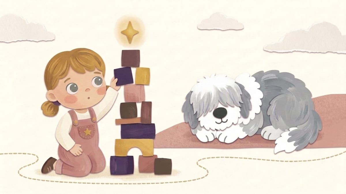 Papirnata ilustracija djeteta koje samostalno slaže visoki toranj od kockica dok pas spava iza njega - što očekivati od djeteta s dvije godine i devet mjeseci