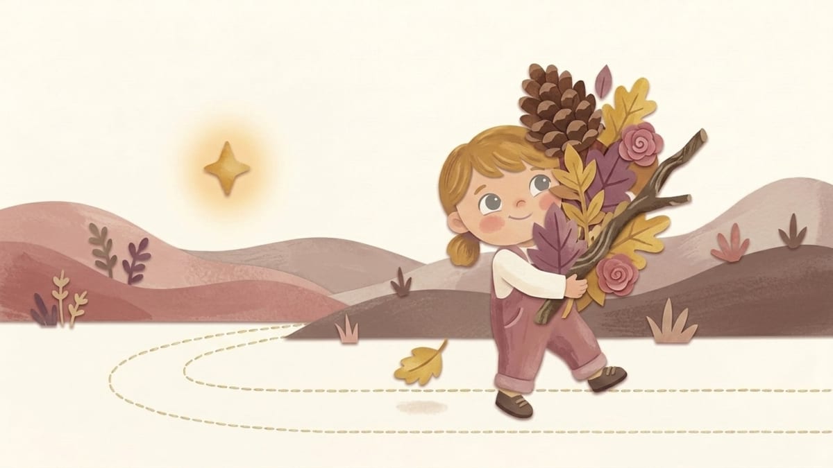 Papercut illustration of a three year old girl proudly carrying a huge armful of leaves, sticks and treasures - what to expect from a three year old child