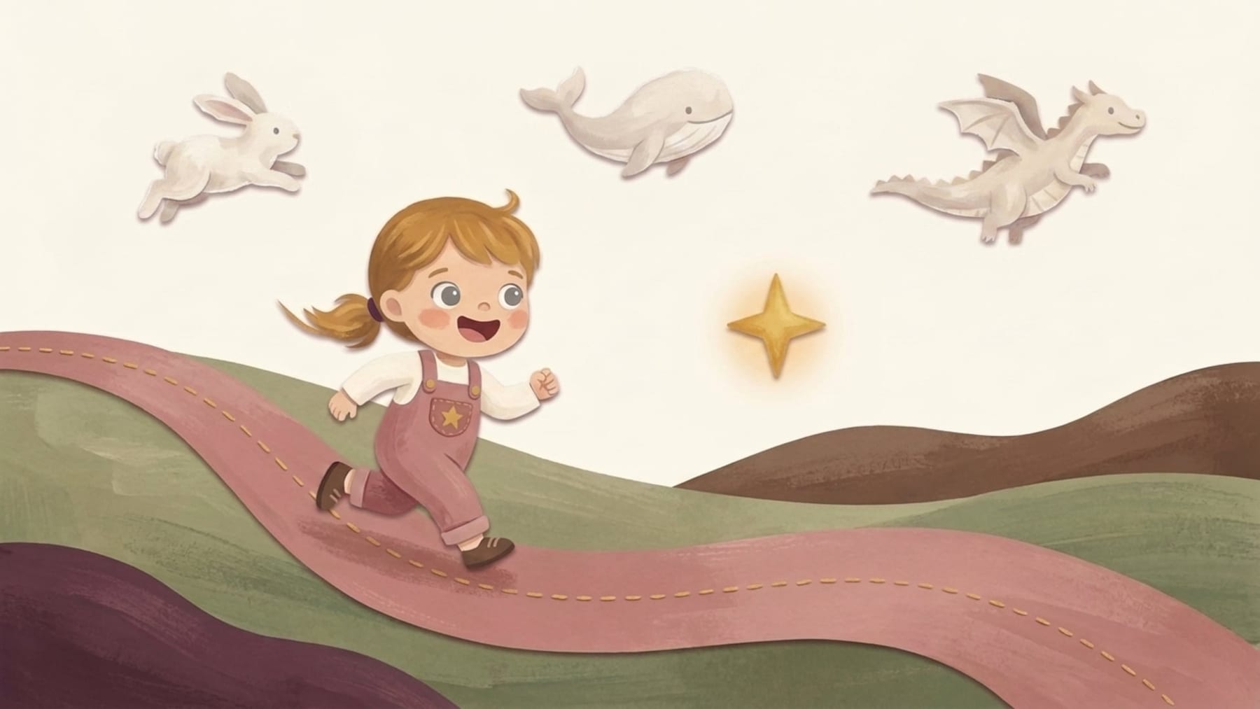 Papercut illustration of a girl running along a ribbon road under clouds shaped like animals - what to expect from a three and a half year old child