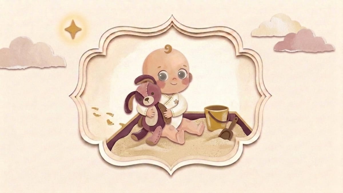 Papercut illustration of a toddler playing in a sandbox and hugging a plush toy in an ornate frame - what to expect from a baby at fifteen and sixteen months