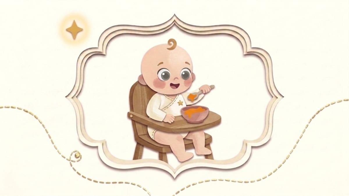 Papercut illustration of a six-month-old baby's first solid meal in a high chair in an ornate frame - what to expect from a baby in the sixth month
