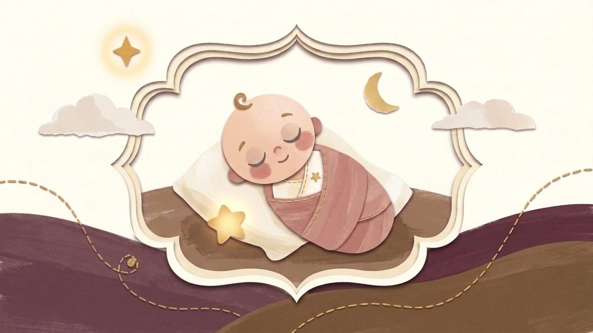 Papercut illustration of a swaddled newborn sleeping under a crescent moon in an ornate frame - what to expect from a newborn in the first month