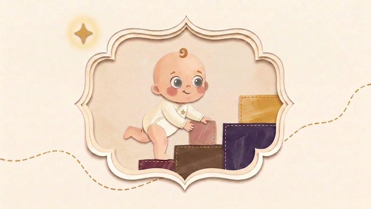 Papercut illustration of an eleven-month-old baby standing and climbing paper blocks in an ornate frame - what to expect from a baby in the eleventh month