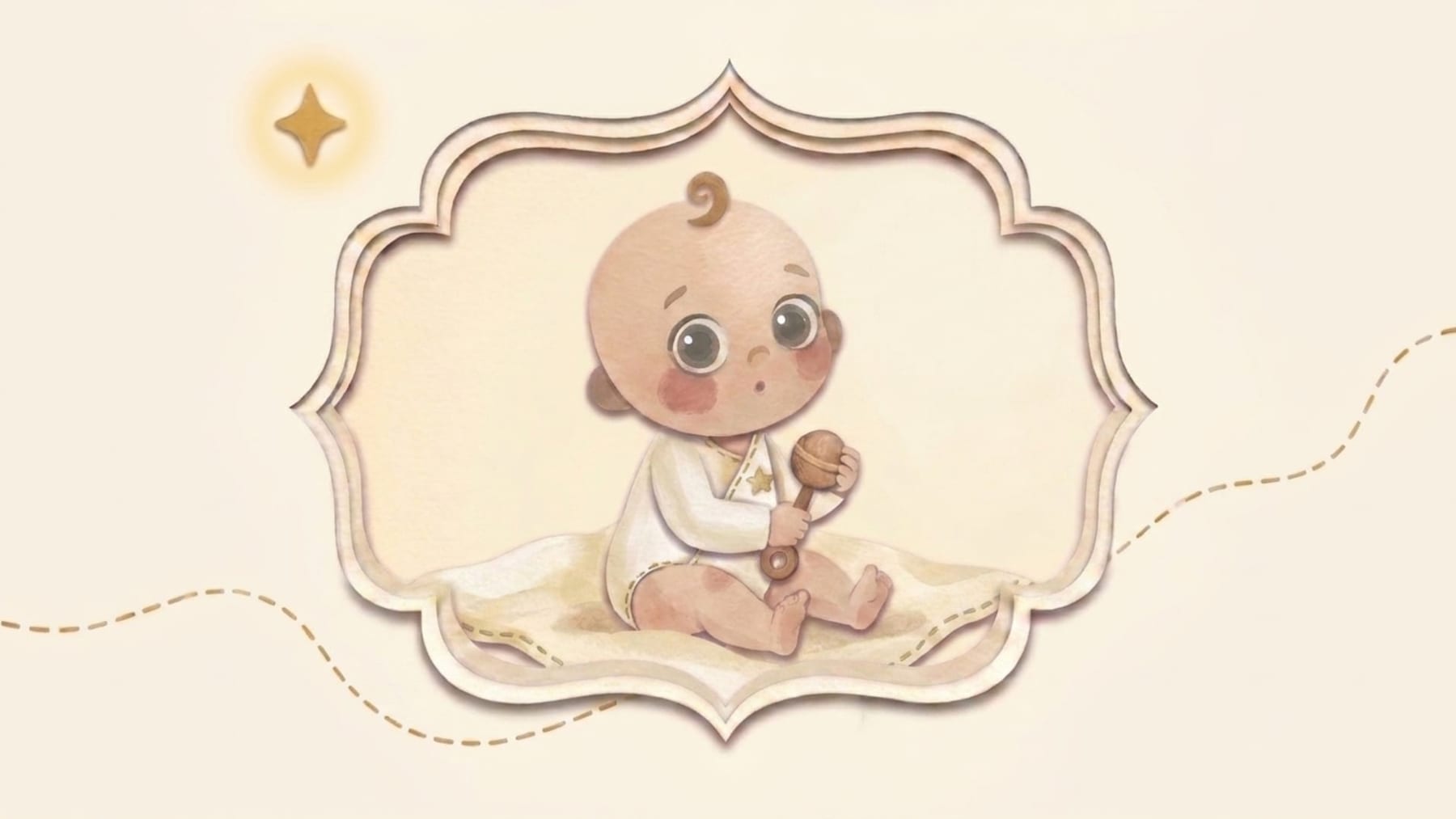 Papercut illustration of a seven-month-old baby sitting on a blanket holding a rattle in an ornate frame - what to expect from a baby in the seventh month