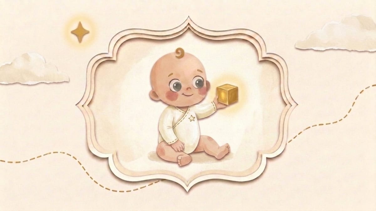 Papercut illustration of a ten-month-old baby offering a gold block to share in an ornate frame - what to expect from a baby in the tenth month