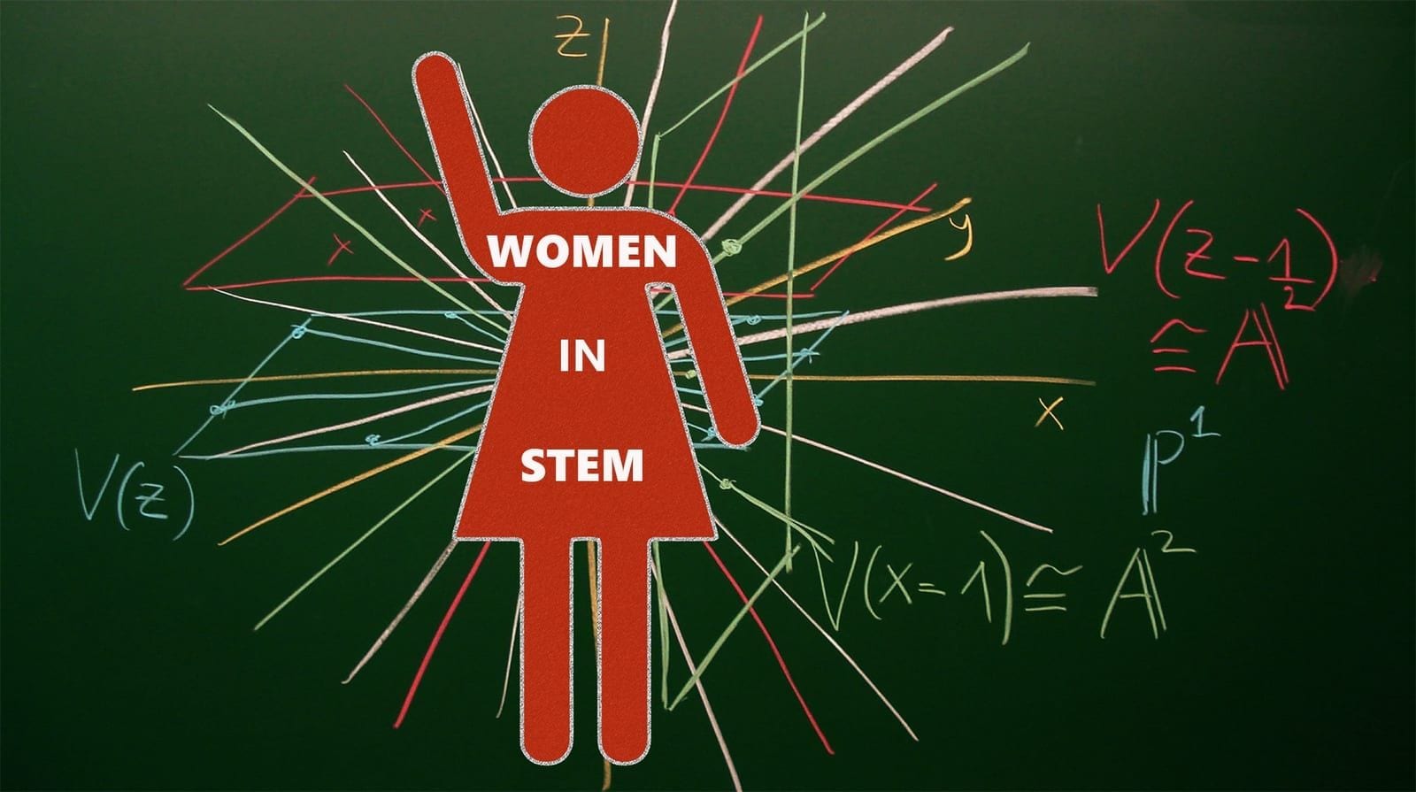 Red woman icon over a chalkboard full of math formulas with the words Women in STEM