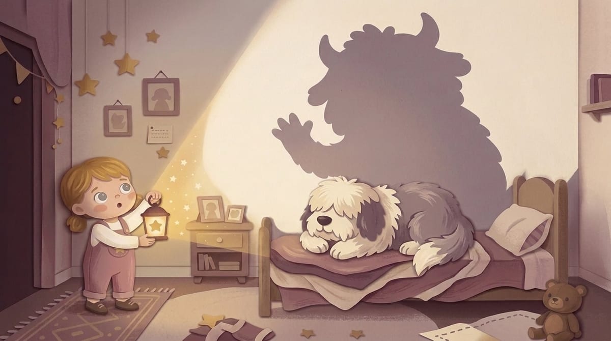Papercut illustration of a little girl holding a glowing lantern in her bedroom, staring at a big monster-shaped shadow on the wall that is really cast by a fluffy sheepdog asleep on her bed
