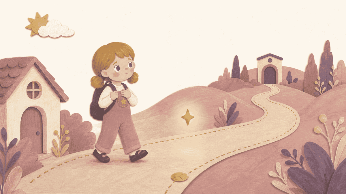 School-age Lea takes a thoughtful first step along a stitched road from home toward school while Luma glows ahead
