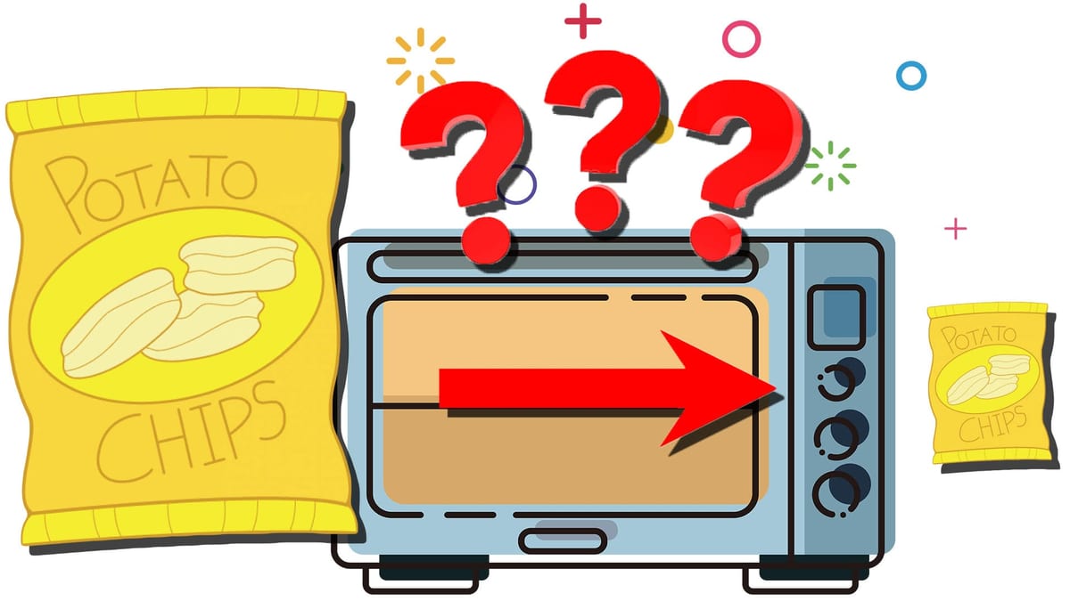 A cartoon of a potato chip bag shrunk to a miniature after being heated by a microwave oven