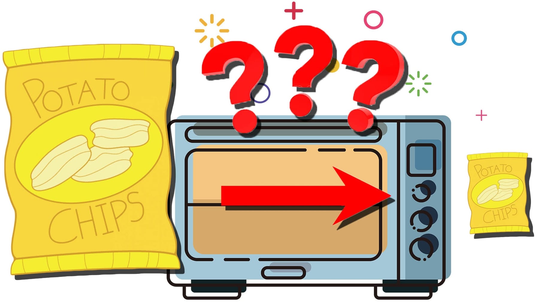A cartoon of a potato chip bag shrunk to a miniature after being heated by a microwave oven